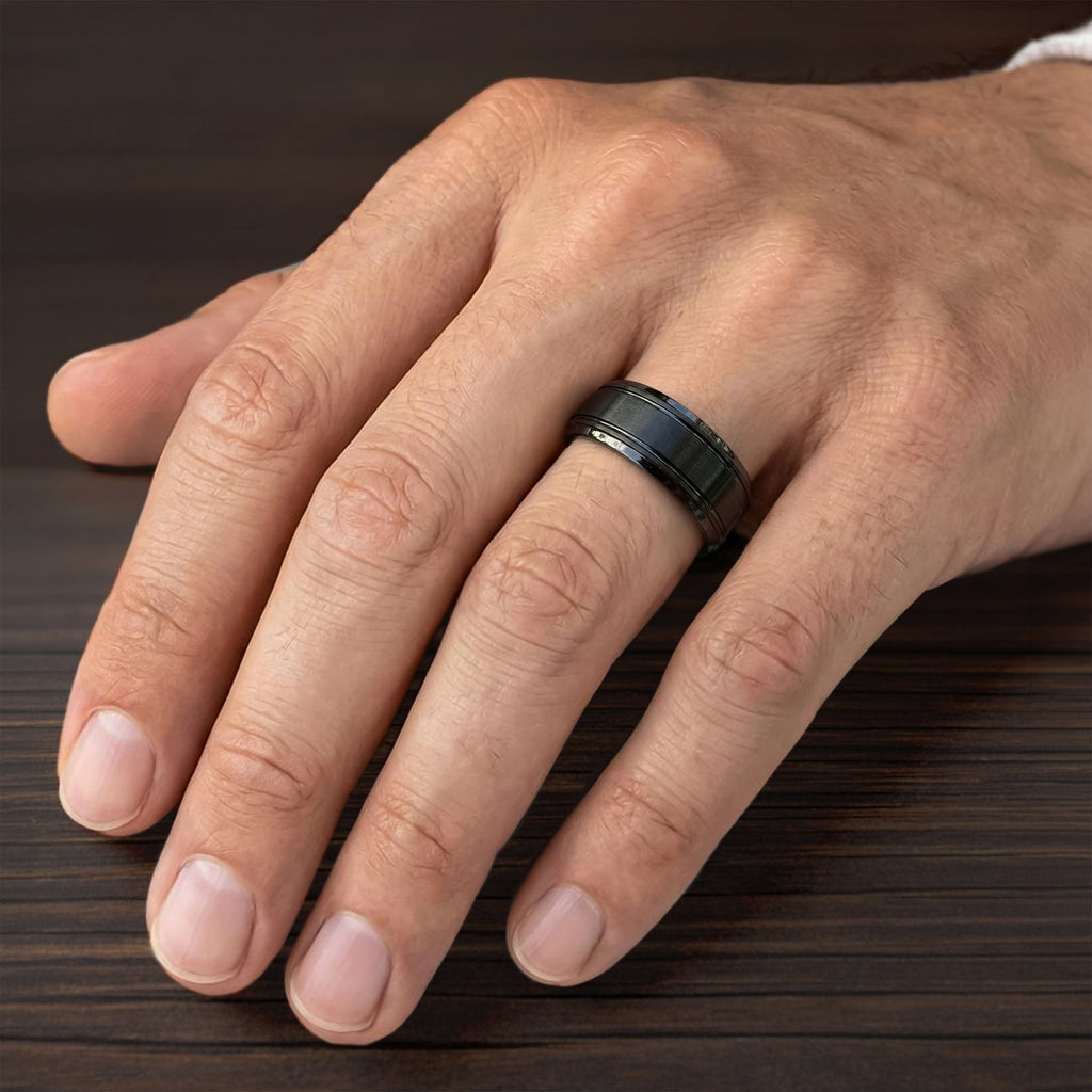 9MM Tungsten Carbide Ring - Bright Cut Parrelel Lines Satin Center and Step Edge