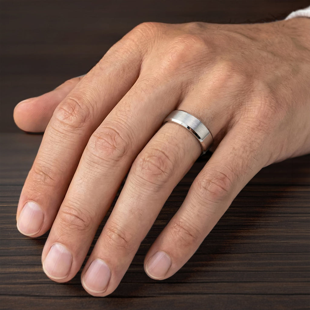 8MM Tungsten Carbide Ring - Satin Finish Center and Bevel Edge