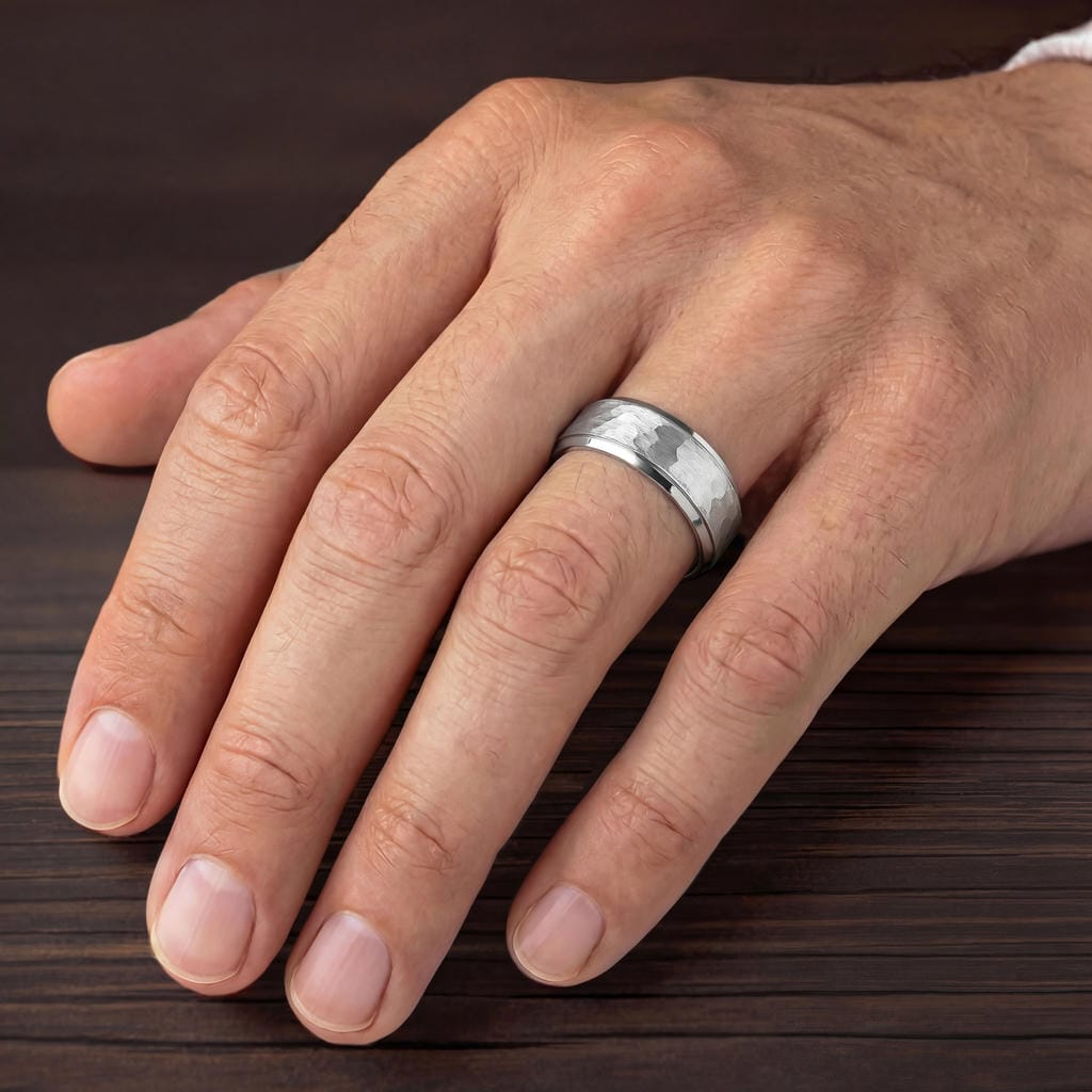8MM Tungsten Carbide Ring - Hammered Center and Step Edge