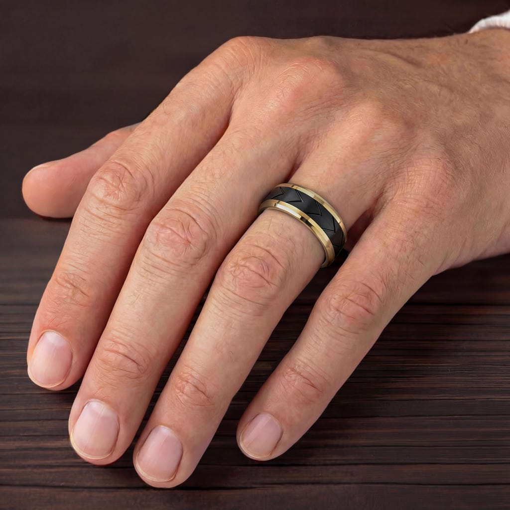 8MM Tungsten Carbide Ring - Black Tire Tread Center and Bevel Edge