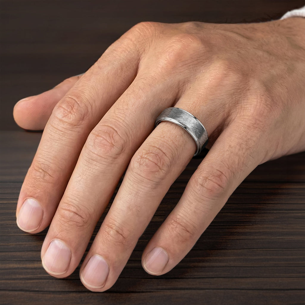 8MM Tungsten Carbide Ring - Gunmetal Crystalline Center and Step Edge