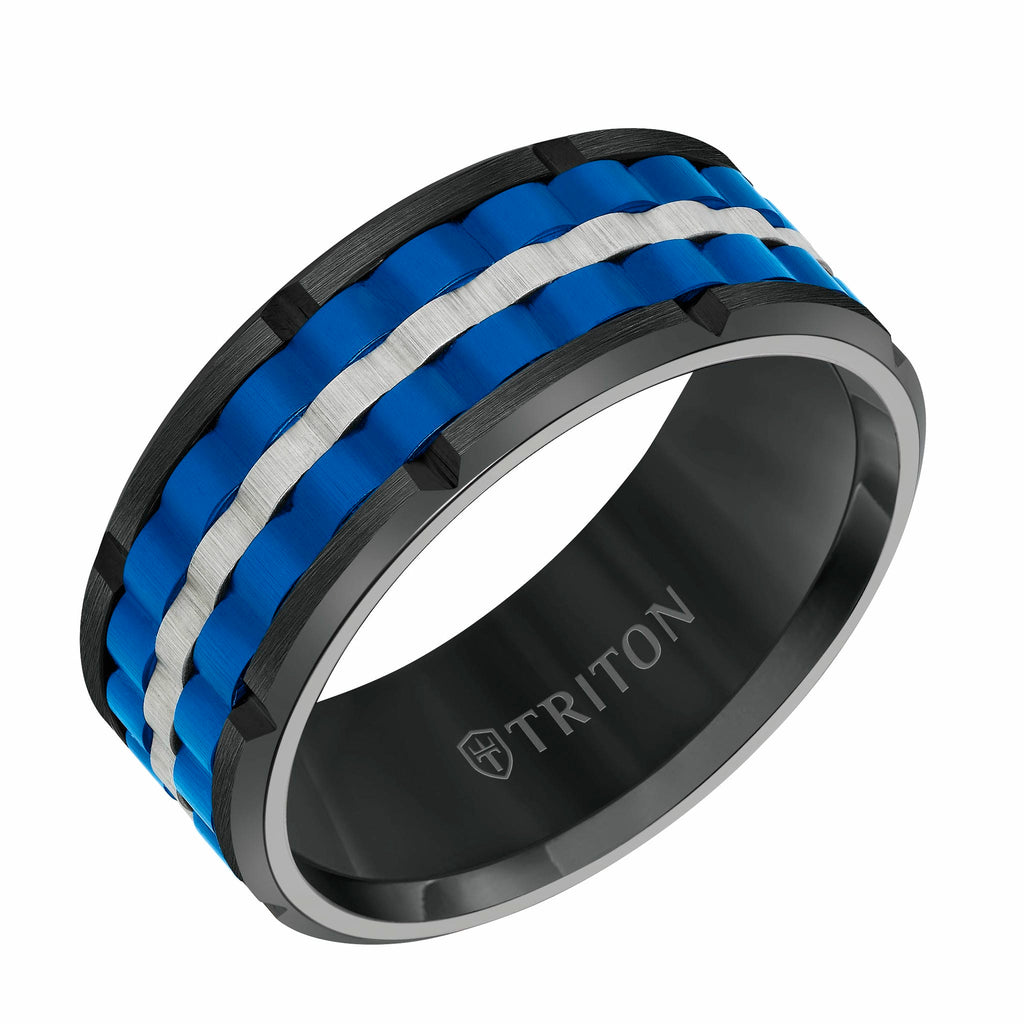 9MM Tungsten Carbide Ring - Basketweave Center & Bevel Edge