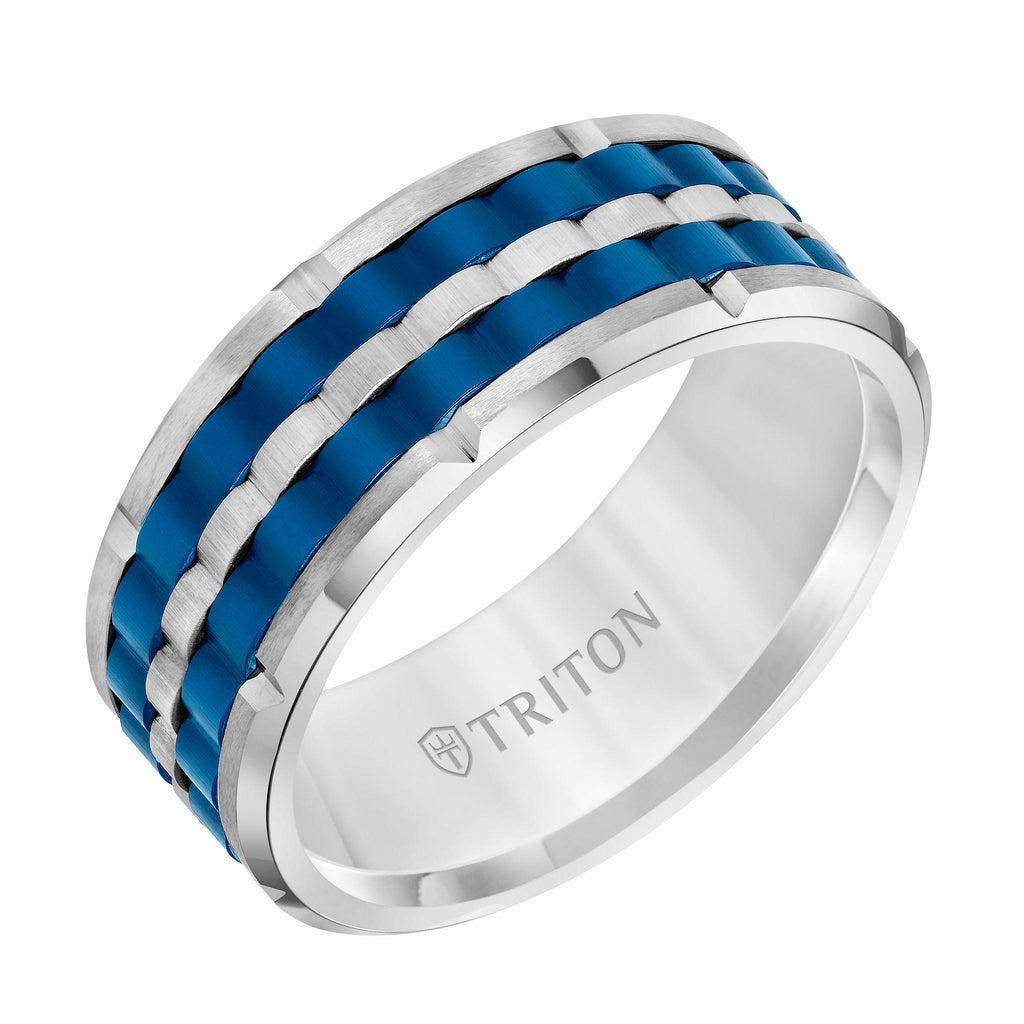 9MM Tungsten Carbide Ring - Basketweave Center & Bevel Edge