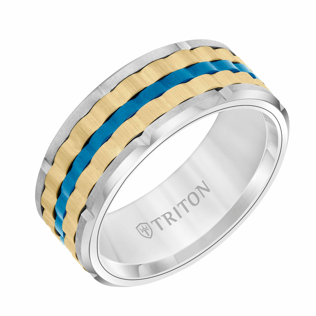 9MM Tungsten Carbide Ring - Basketweave Center & Bevel Edge