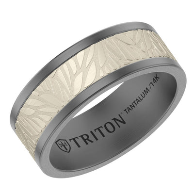 8MM Tantalum Ring with 14K Natural White Gold Brushed Center Inlay with Laser Carved Abstract Palm Design and Flat Edge Profile