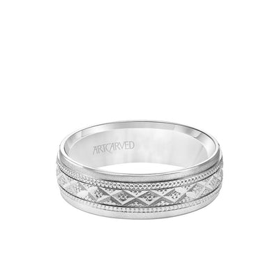 6.5MM Men's Wedding Band - Soft Sand Finish with Swiss Cut X Design with Milgrain and Flat Edge