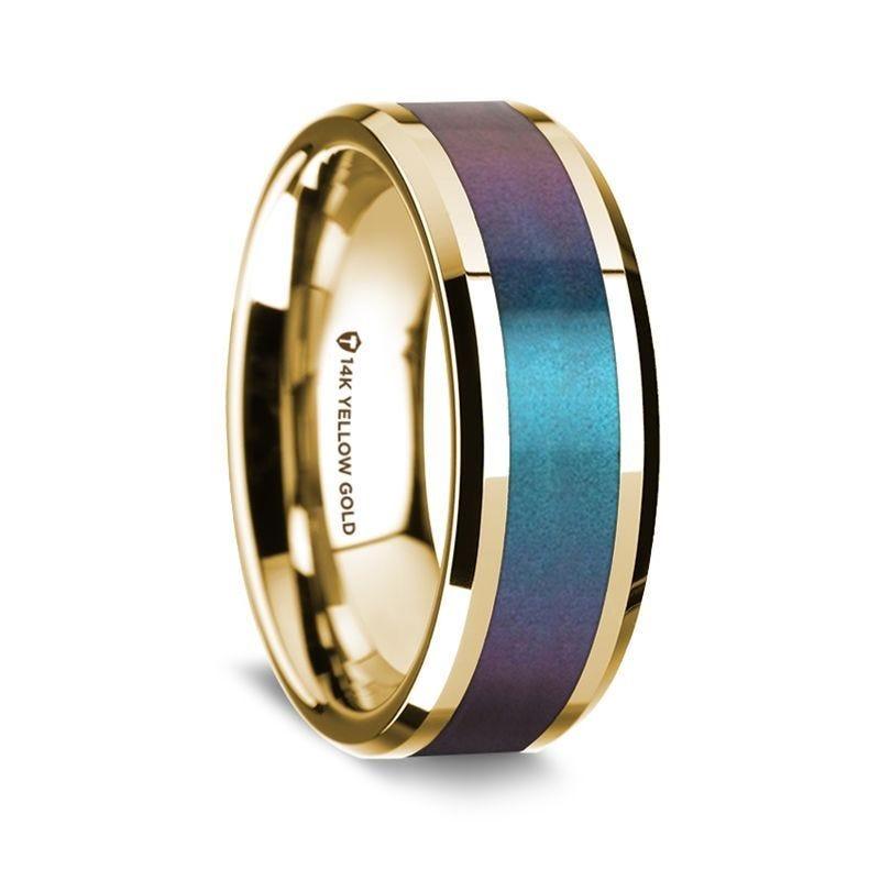 14K Yellow Gold Polished Beveled Edges Wedding Ring with Blue and Purple Color Changing Inlay - 8 mm - Thorsten Rings