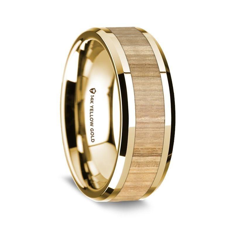 14K Yellow Gold Polished Beveled Edges Wedding Ring Ash Wood Inlay - 8 mm - Thorsten Rings
