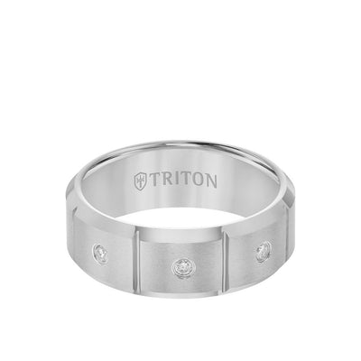 8MM Tungsten Diamond Ring - 3 Stone Vertical Cut Center and Bevel Edge