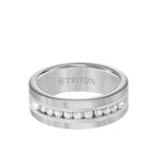 8MM Tungsten Diamond Ring - Channel Set Silver Satin Finish Inlay and Round Edge