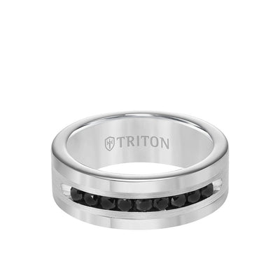 8MM Ring - Black Diamonds Silver Satin Finish and Round Edge