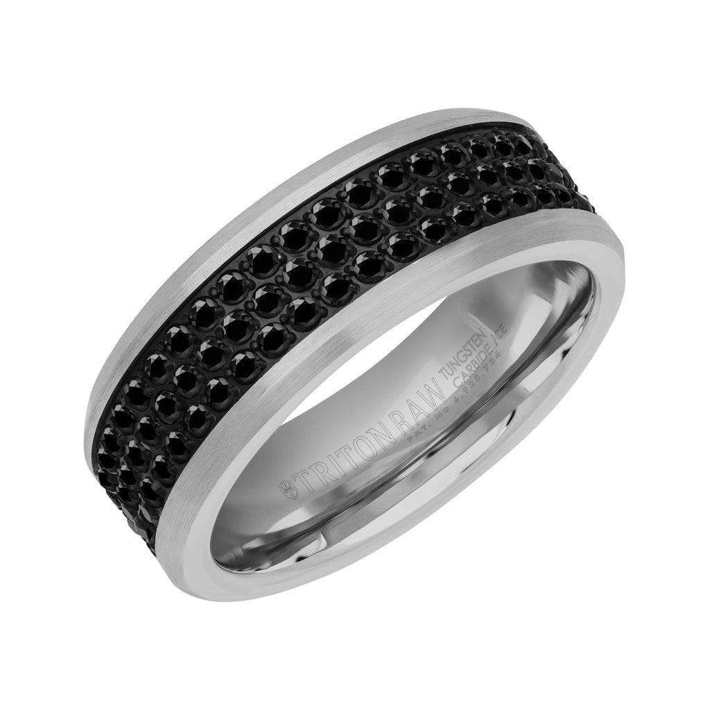 8MM Tungsten Carbide Ring - Triple Row Eternity Black Heat-Treated Sapphires and Beveled Edge