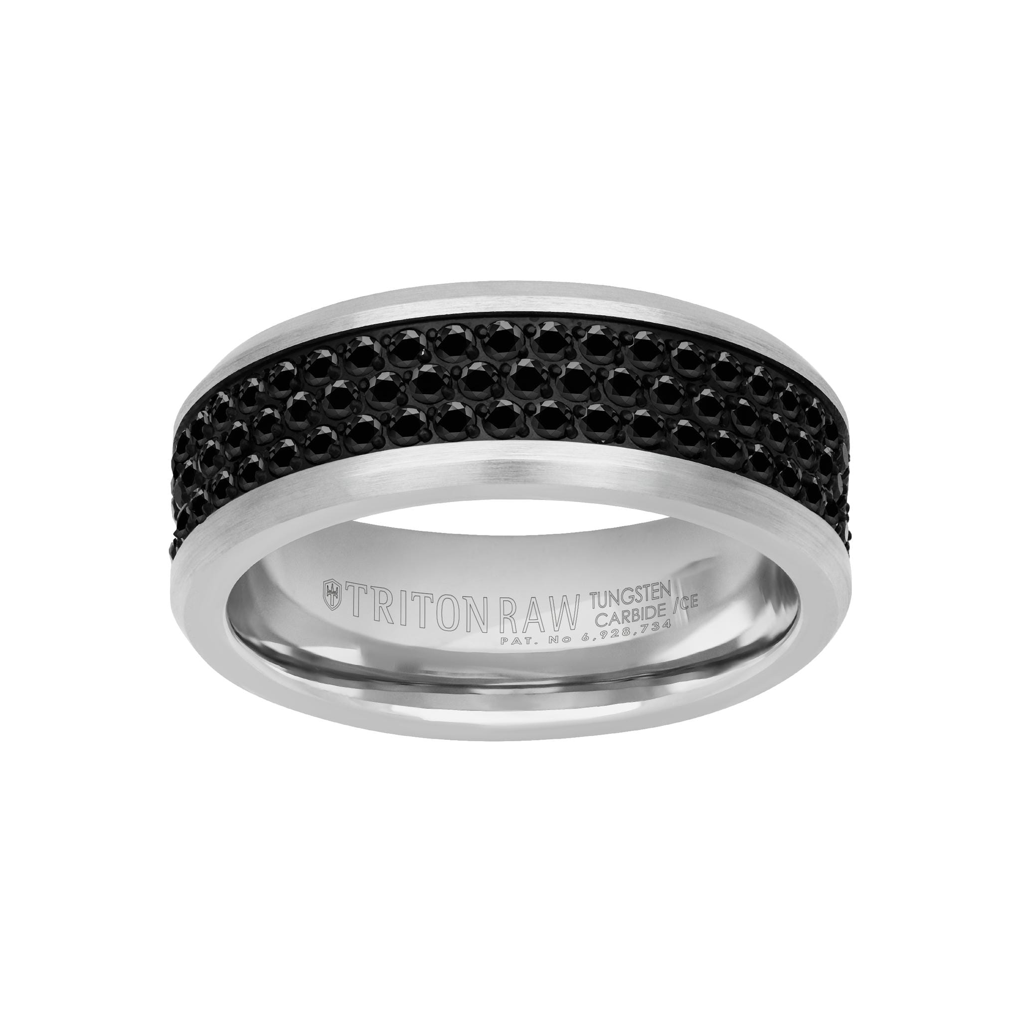 8MM Tungsten Carbide Ring - Triple Row Eternity Black Heat-Treated Sapphires and Beveled Edge