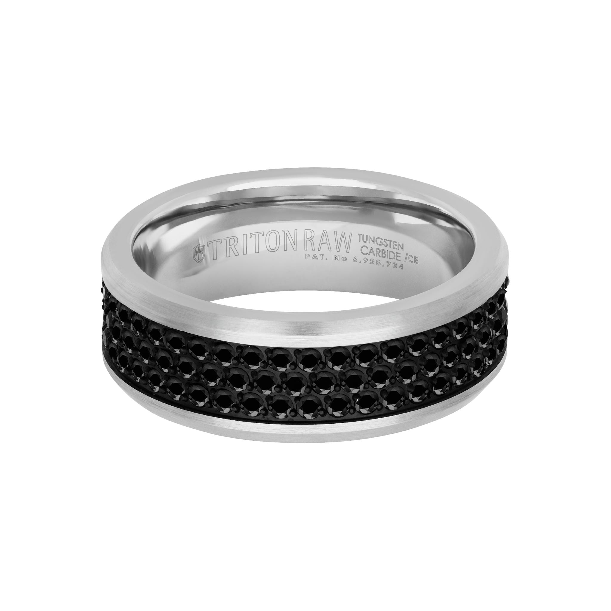8MM Tungsten Carbide Ring - Triple Row Eternity Black Heat-Treated Sapphires and Beveled Edge