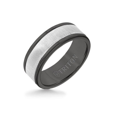 8MM Black Tungsten Carbide Ring - Vertical Satin 14K White Gold Insert with Round Edge