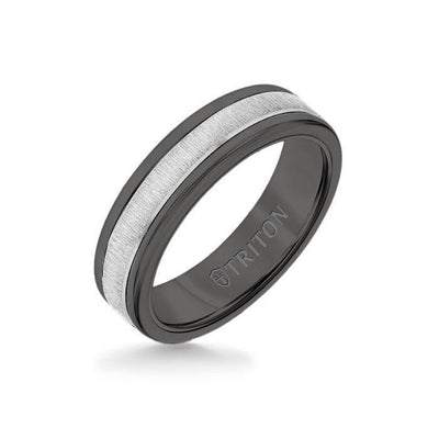 6MM Black Tungsten Carbide Ring - Vertical Satin 14K White Gold Insert with Round Edge