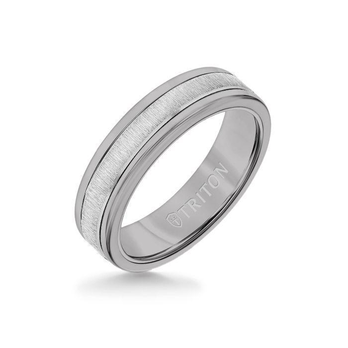 6MM Grey Tungsten Carbide Ring - Vertical Satin 14K White Gold Insert with Round Edge