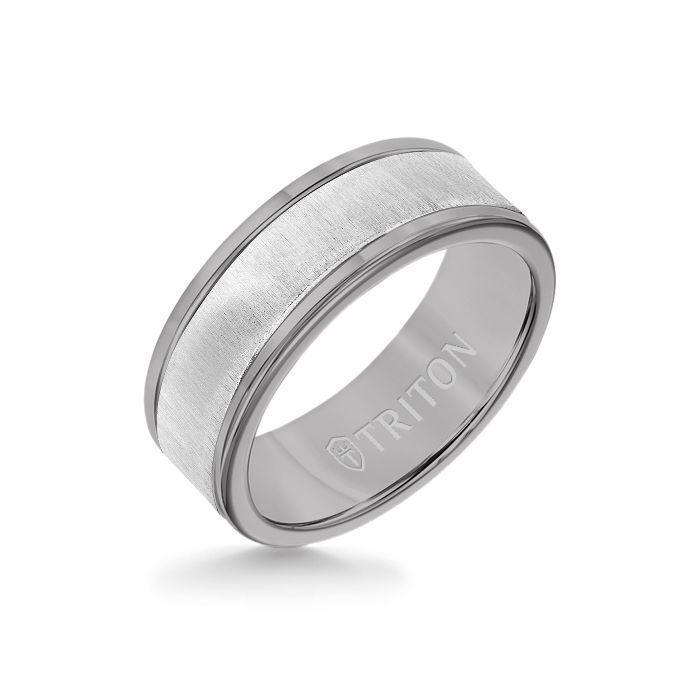 8MM Grey Tungsten Carbide Ring - Vertical Satin 14K White Gold Insert with Round Edge