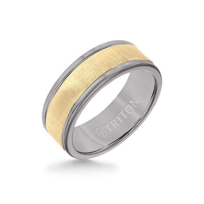 8MM Grey Tungsten Carbide Ring - Vertical Satin 14K Yellow Gold Insert with Round Edge