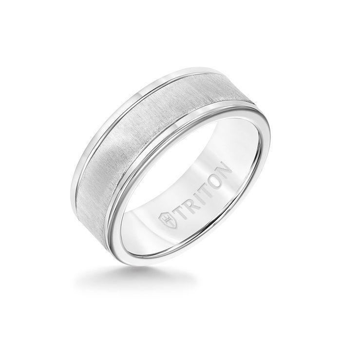 8MM White Tungsten Carbide Ring - Vertical Satin 14K White Gold Insert with Round Edge