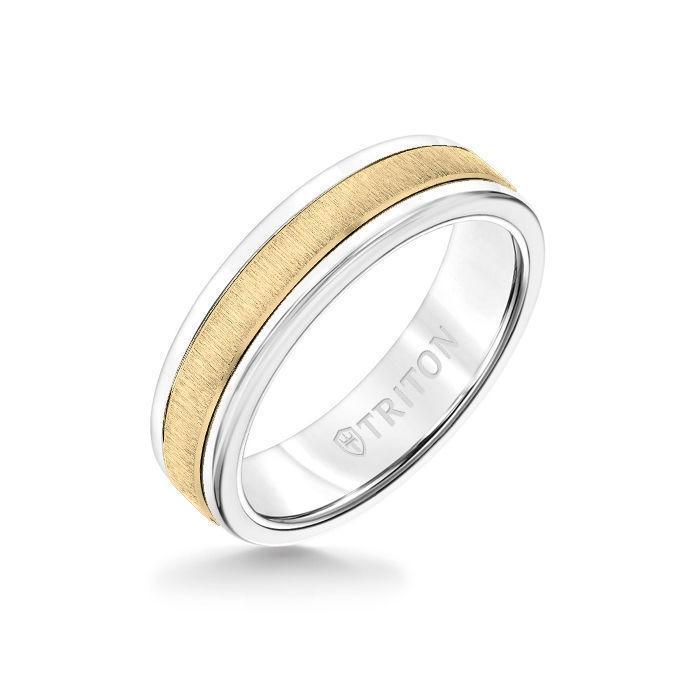 6MM White Tungsten Carbide Ring - Vertical Satin 14K Yellow Gold Insert with Round Edge