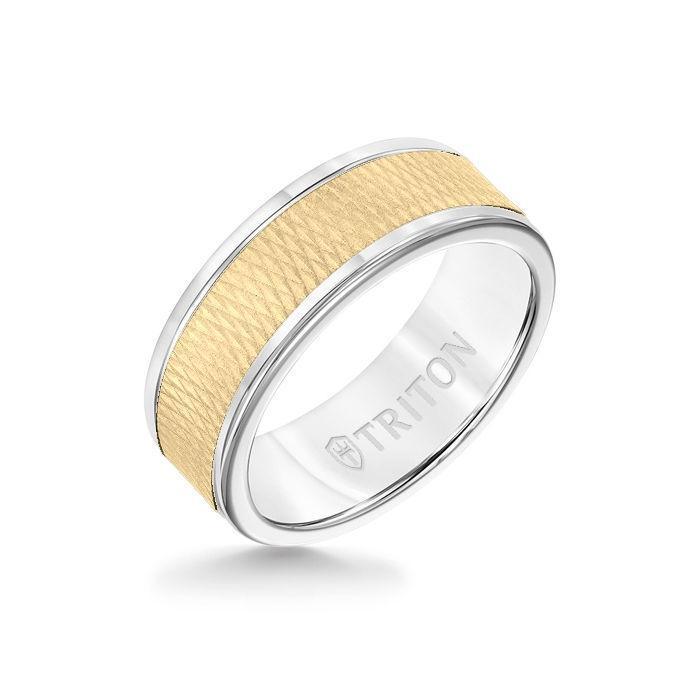 8MM White Tungsten Carbide Ring - Criss Cross 14K Yellow Gold Insert with Round Edge