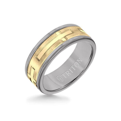 8MM Grey Tungsten Carbide Ring - Religious 14K Yellow Gold Insert with Round Edge