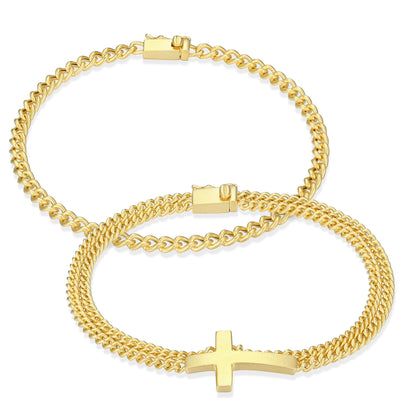 UB0106 - Cross Box Set Double Cuban Chain & Classic Cuban Chain Bracelets in 14K Yellow Gold - Plated Sterling Silver