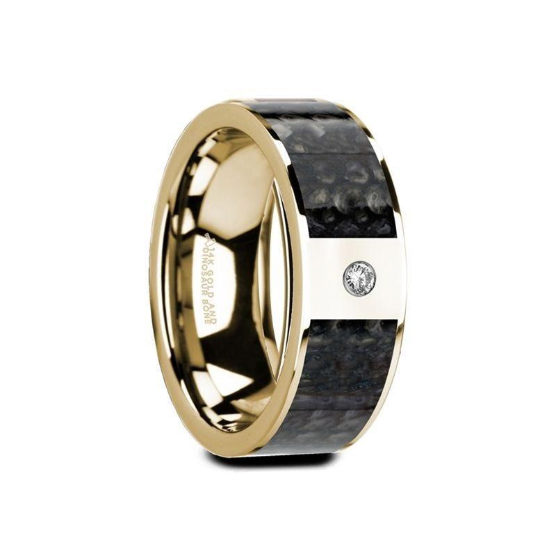 GAUFRID Flat 14K Yellow Gold with Blue Dinosaur Bone Inlay & White Diamond Setting - 8mm - Thorsten Rings