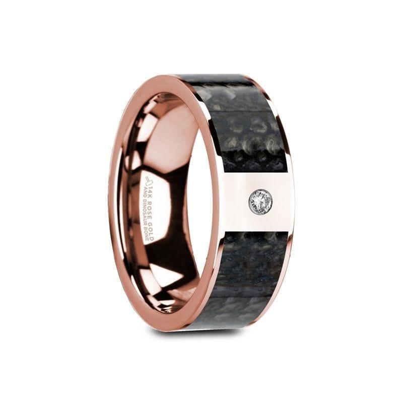 GALESI Flat 14K Rose Gold with Blue Dinosaur Bone Inlay & White Diamond Setting - 8mm - Thorsten Rings