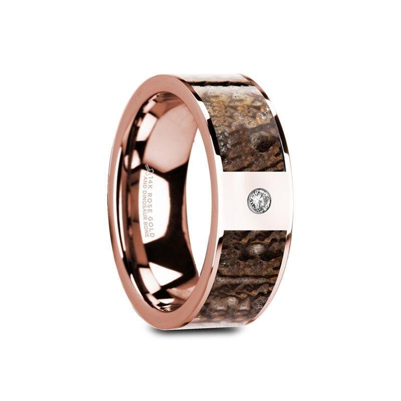 GAVINO Flat 14K Rose Gold with Brown Dinosaur Inlay & White Diamond Setting - 8mm - Thorsten Rings