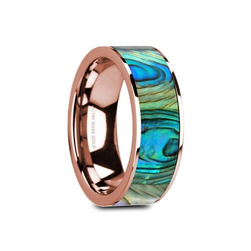 GREDEL Flat 14K Rose Gold with Mother of Pearl Inlay and Polished Edges - 8mm - Thorsten Rings