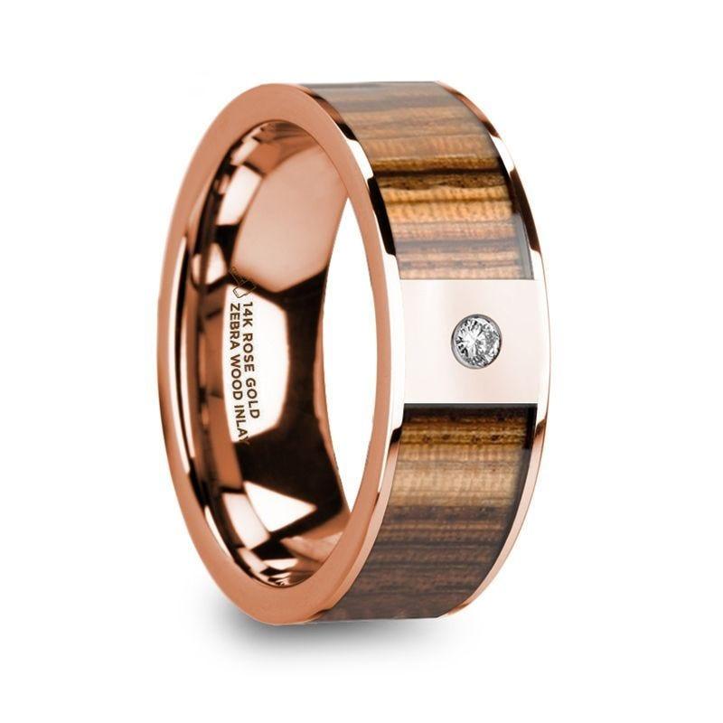 GLAUCUS Flat 14K Rose Gold with Zebra Wood Inlay & White Diamond Setting - 8mm - Thorsten Rings