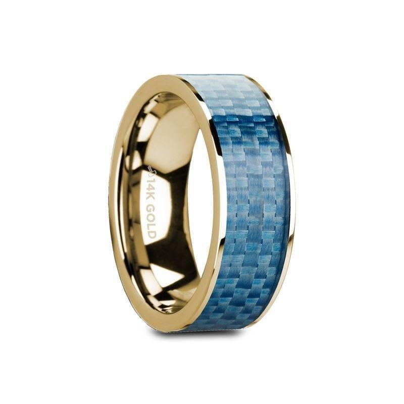 GERYON Flat 14K Yellow Gold with Blue Carbon Fiber Inlay and Polished Edges - 8mm - Thorsten Rings