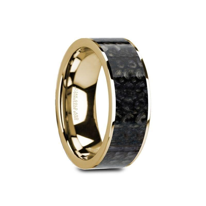 GERONIMO Flat 14K Yellow Gold with Blue Dinosaur Bone Inlay and Polished Edges - 8mm - Thorsten Rings