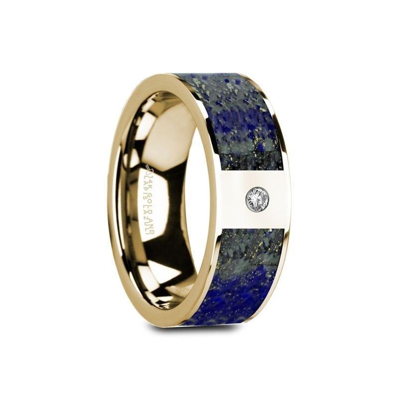GENE Flat 14K Yellow Gold with Blue Lapis Lazuli Inlay & White Diamond Setting - 8mm - Thorsten Rings