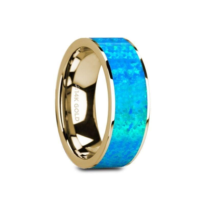 GANYMEDE Flat 14K Yellow Gold with Blue Opal Inlay and Polished Edges - 8mm - Thorsten Rings