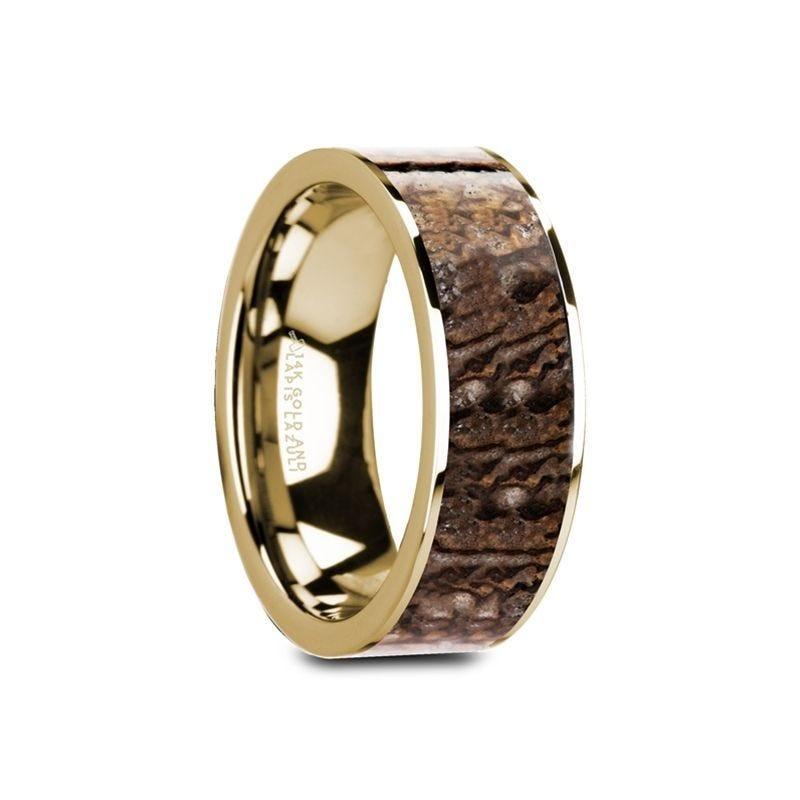 GALINTHIAS Flat 14K Yellow Gold with Brown Dinosaur Bone Inlay and Polished Edges - 8mm - Thorsten Rings