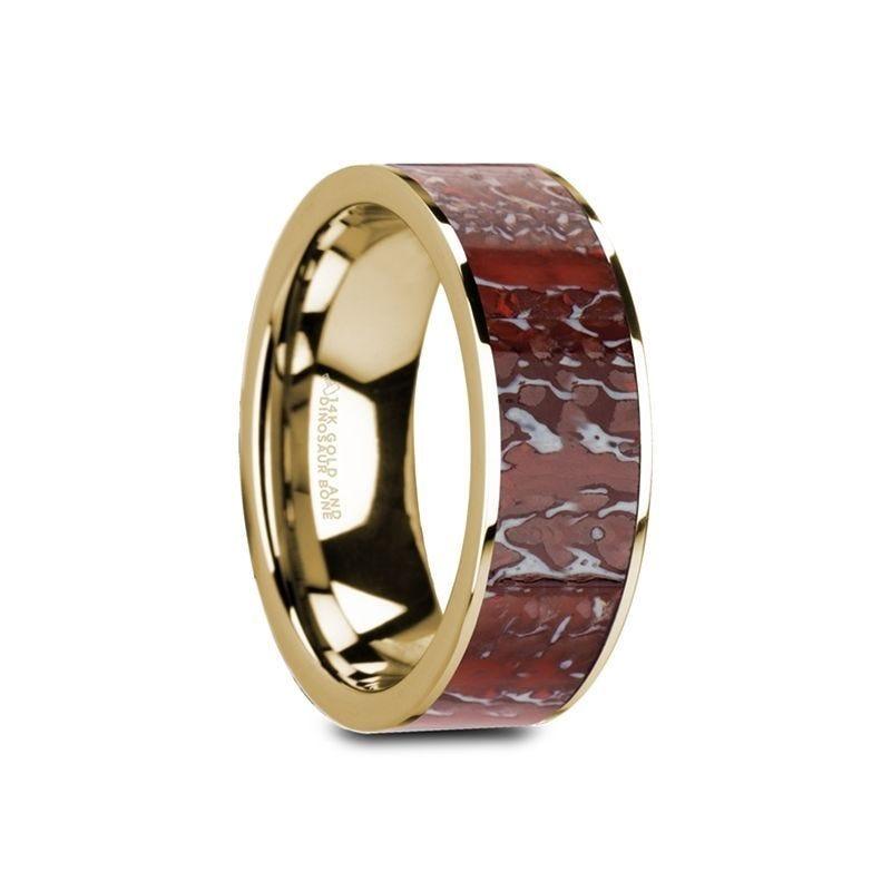 GAELAN Flat 14K Yellow Gold Polished Ring with Red Dinosaur Bone Inlay - 8mm - Thorsten Rings