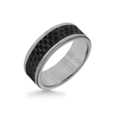 8MM Grey Tungsten Carbide Ring - Twill Carbon Fiber Insert with Round Edge