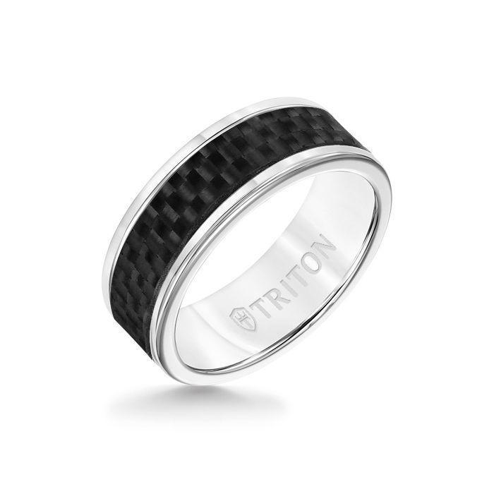 8MM White Tungsten Carbide Ring - Twill Carbon Fiber Insert with Round Edge