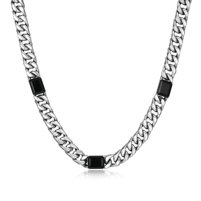 UN0078 - Links Genuine Black Sapphire Cuban Chain Station Necklace in Oxidized Rhodium - Plated Sterling Silver