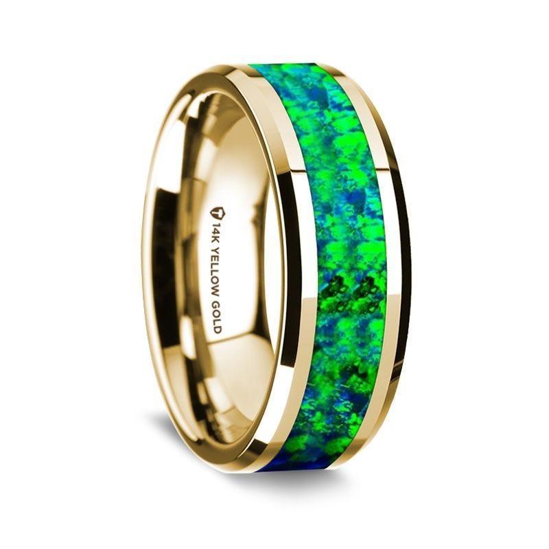 14K Yellow Gold Polished Beveled Edges Wedding Ring with Emerald Green and Sapphire Blue Opal Inlay - 8 mm - Thorsten Rings
