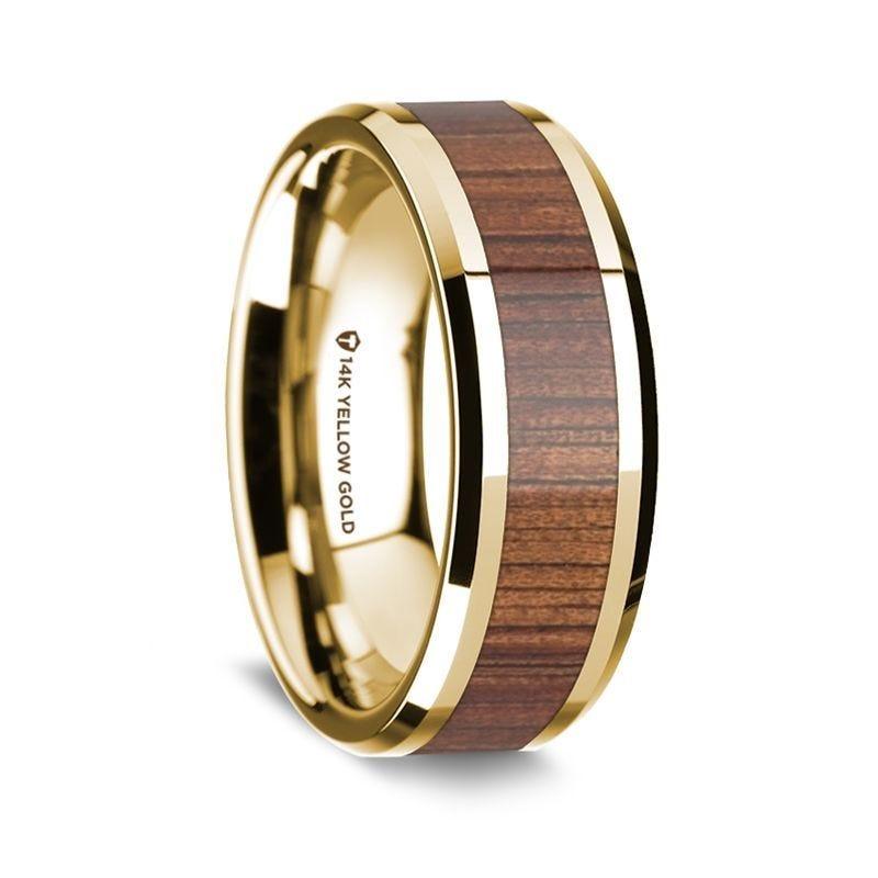 14K Polished Beveled Edges Yellow Gold Ring with Rare Koa Wood Inlay - 8 mm - Thorsten Rings