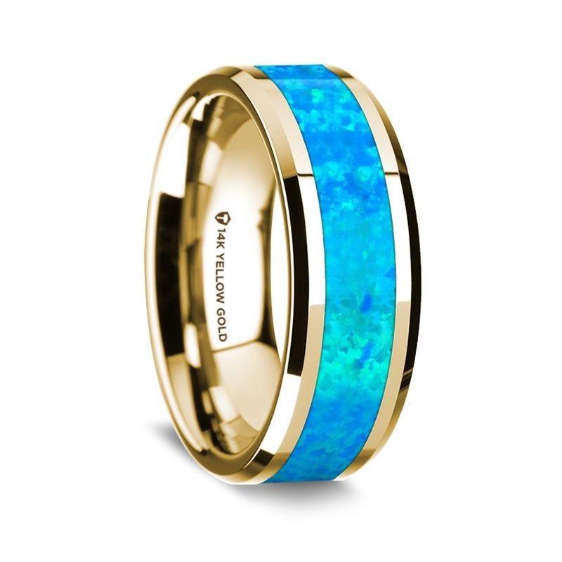 14K Yellow Gold Polished Beveled Edges Wedding Ring with Blue Opal Inlay - 8 mm - Thorsten Rings
