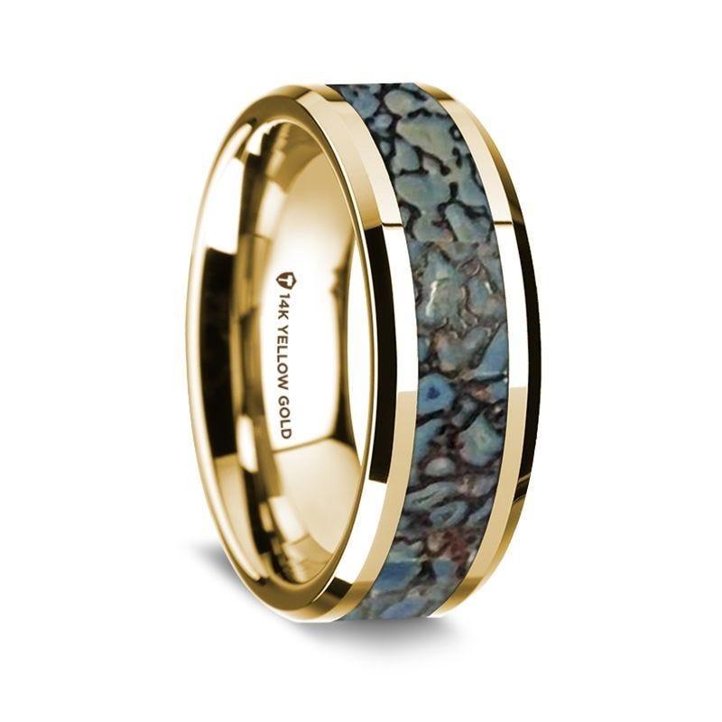 14K Yellow Gold Polished Beveled Edges Wedding Ring with Blue Dinosaur Bone Inlay - 8 mm - Thorsten Rings