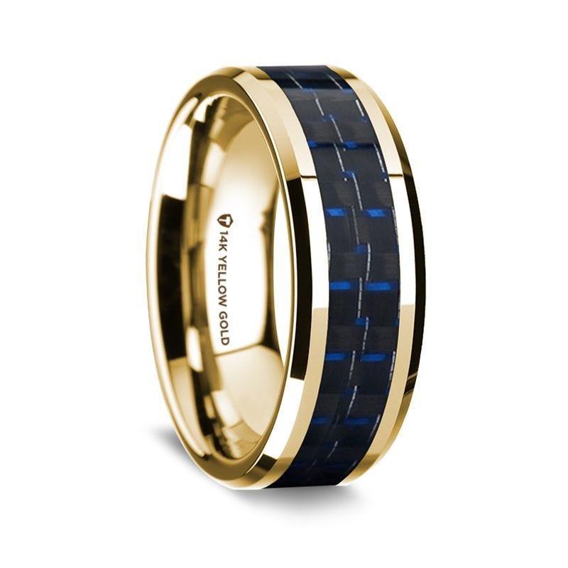 14K Yellow Gold Polished Beveled Edges Wedding Ring with Black and Dark Blue Carbon Fiber Inlay - 8 mm - Thorsten Rings