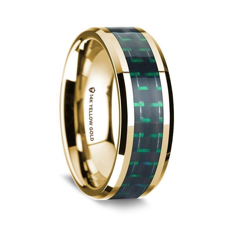14K Yellow Gold Polished Beveled Edges Wedding Ring with Black and Green Carbon Fiber Inlay - 8 mm - Thorsten Rings