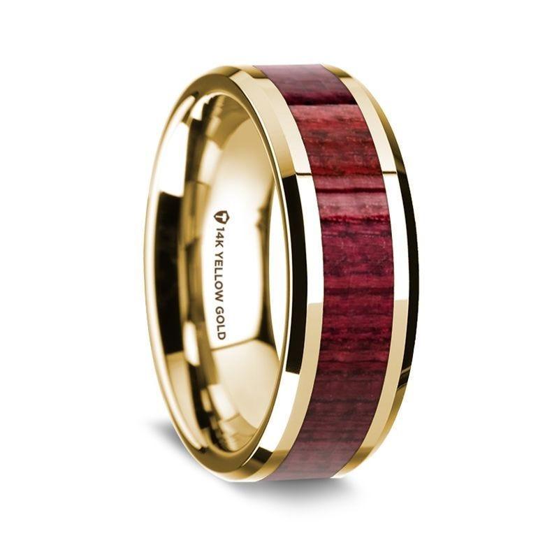 14K Yellow Gold Polished Beveled Edges Wedding Ring with Purpleheart Wood Inlay - 8 mm - Thorsten Rings