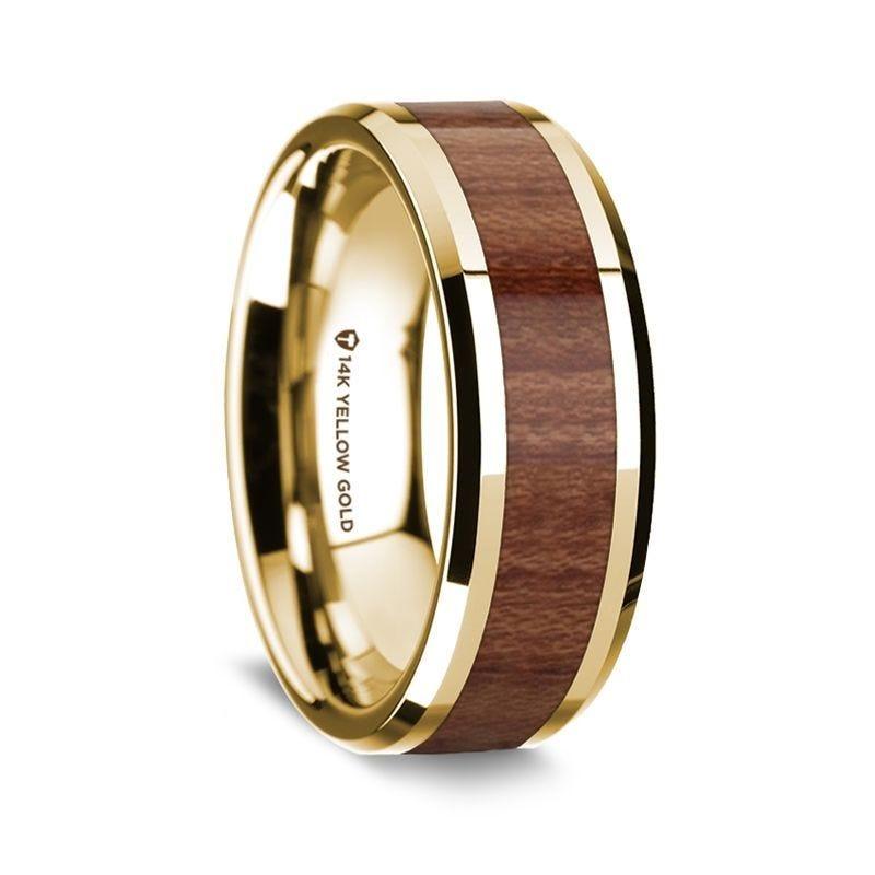 14K Yellow Gold Polished Beveled Edges Wedding Ring with Rosewood Inlay - 8 mm - Thorsten Rings